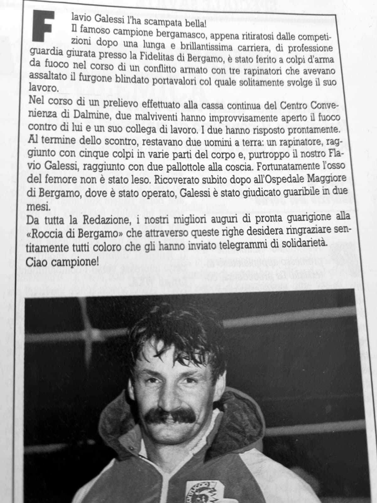 Articolo di giornale con la foto di Flavio Galessi in tuta rossa.