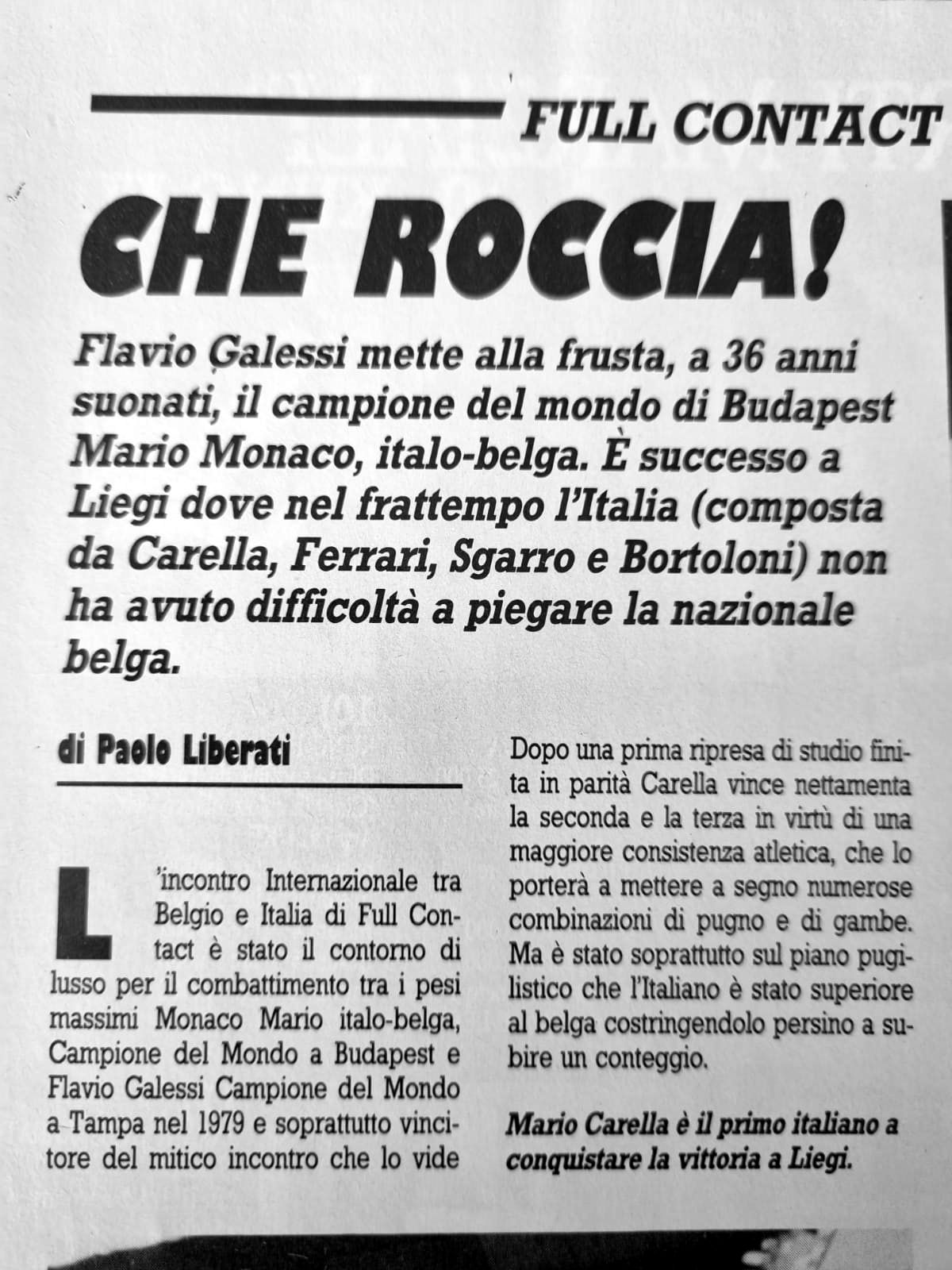 Ritaglio di giornale con il titolo Che roccia! sul Full Contact.