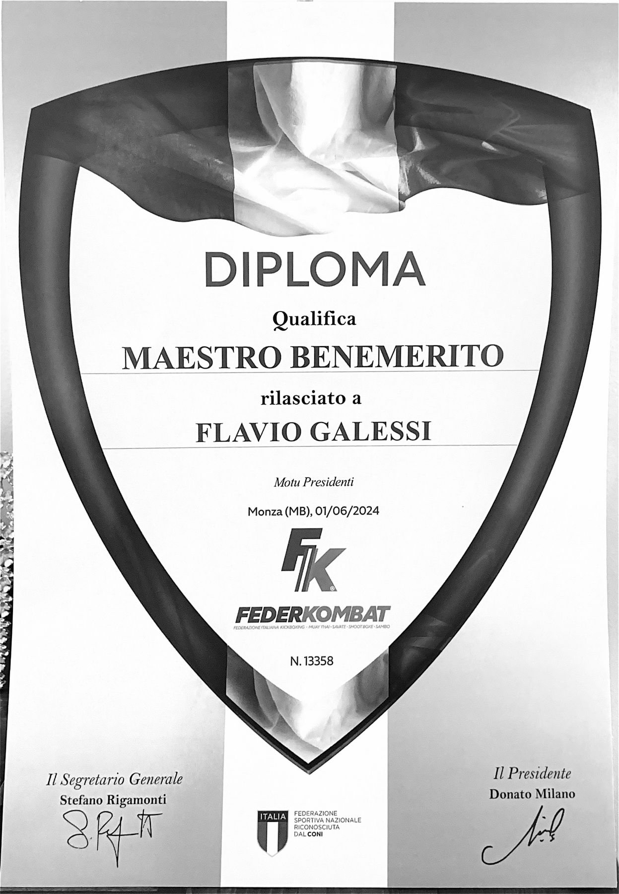 Diploma di Maestro Benemerito FederKombat intestato a Flavio Galessi.